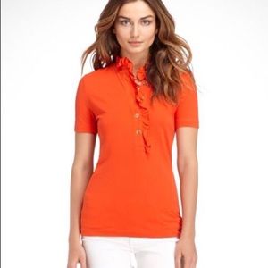 Tory Burch orange Lidia ruffle polo top small